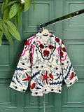 Suzani Hand Embroidered Short Jacket Classic White Wine Teal Pomegranate