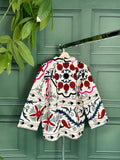 Suzani Hand Embroidered Short Jacket Classic White Wine Teal Pomegranate