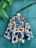 Suzani Hand Embroidered Short Jacket Quirky Cafe Beige Blue Hue Leaf