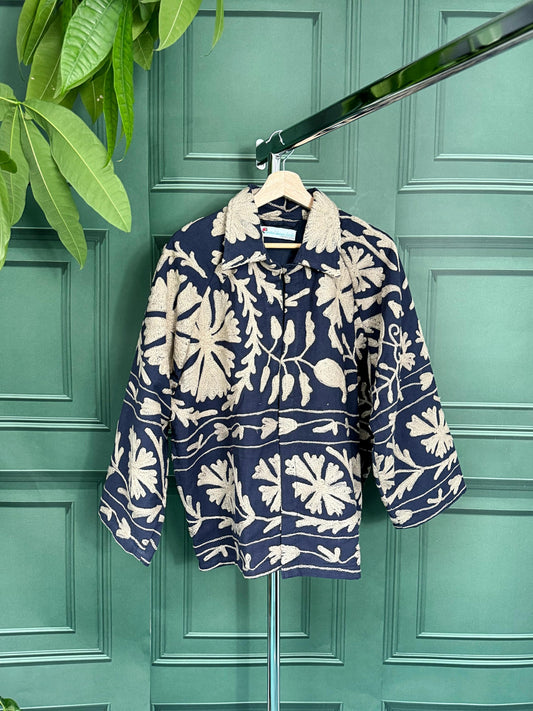 Suzani Hand Embroidered Short Jacket Classic Elegant Navy Beige Taupe