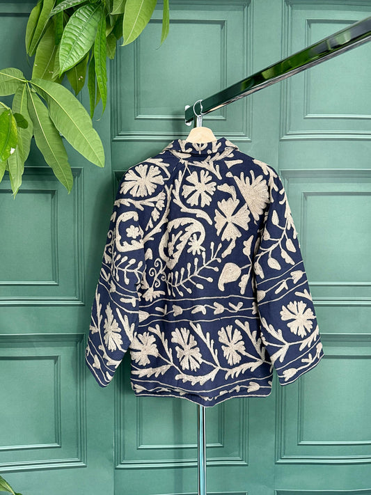 Suzani Hand Embroidered Short Jacket Classic Elegant Navy Beige Taupe