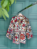 Suzani Hand Embroidered Short Jacket Classic Cream Ruby Red Slate Teal Autumn