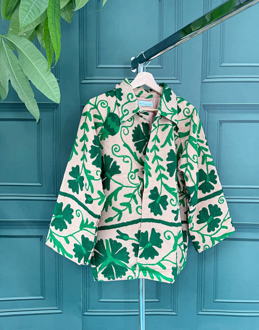 Suzani Hand Embroidered Short Jacket Quirky Cafe Beige Green Floral Leaf