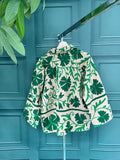Suzani Hand Embroidered Short Jacket Quirky Cafe Beige Green Floral Leaf