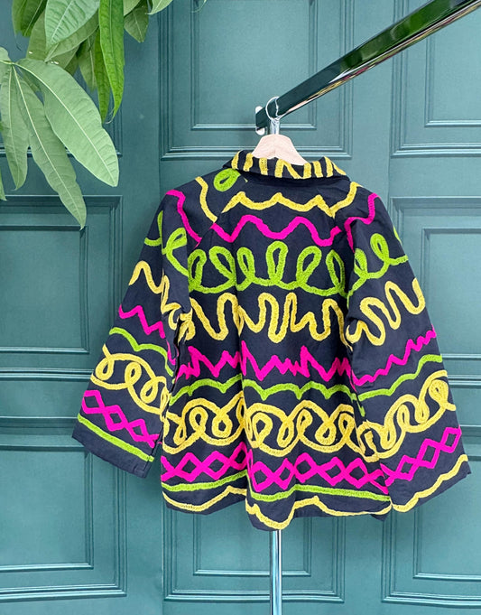 Suzani Hand Embroidered Short Jacket Quirky Black Pink Green Lime Neon