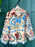 Suzani Hand Embroidered Short Jacket Spring Light Beige Blue Sage Peach