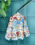 Suzani Hand Embroidered Short Jacket Spring Light Beige Blue Sage Peach