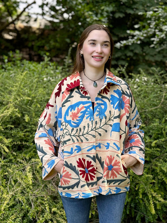 Suzani Hand Embroidered Short Jacket Spring Light Beige Blue Sage Peach
