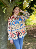 Suzani Hand Embroidered Short Jacket Spring Light Beige Blue Sage Peach