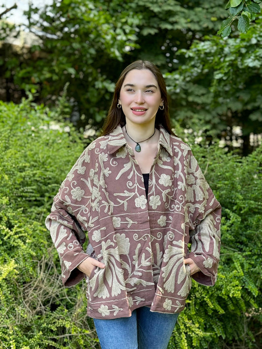 Suzani Hand Embroidered Short Jacket Earthen Burnt Rose Taupe Beige