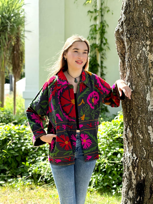 Suzani Hand Embroidered Short Jacket Quirky Black Pink Green Mustard