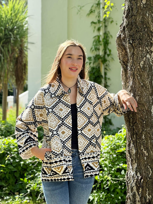 Suzani Hand Embroidered Short Jacket Spring Light Beige Black Geometric Diamond