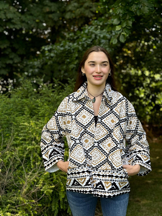 Suzani Hand Embroidered Short Jacket Spring Light Beige Black Geometric Diamond