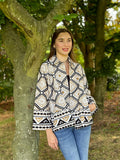 Suzani Hand Embroidered Short Jacket Spring Light Beige Black Geometric Diamond