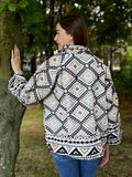Suzani Hand Embroidered Short Jacket Spring Light Beige Black Geometric Diamond