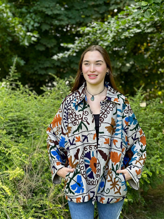 Suzani Hand Embroidered Short Jacket Ecru
