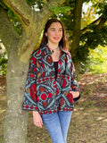 Suzani Hand Embroidered Short Jacket Navy Teal Marroon Slate Aqua Floral