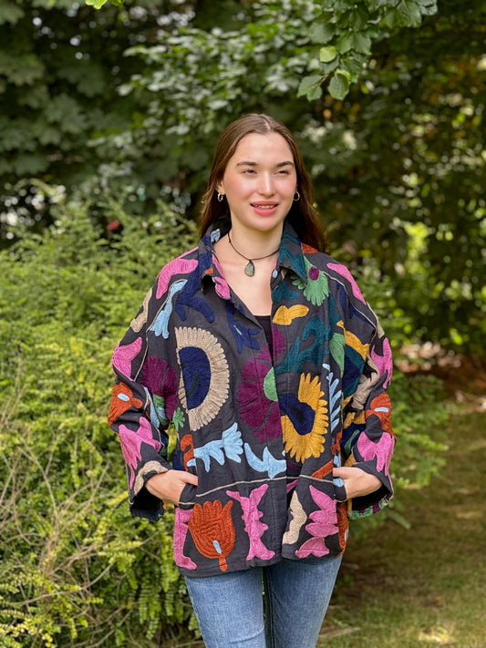 Suzani Hand Embroidered Short Jacket Black Pink Red