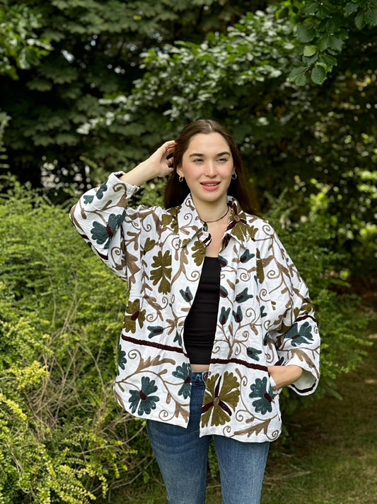 Suzani Hand Embroidered Short Jacket Classic ElegantWhite Olive Teal