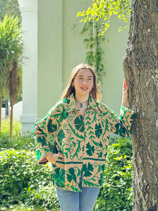 Suzani Hand Embroidered Short Jacket Quirky Cafe Beige Green Floral Leaf
