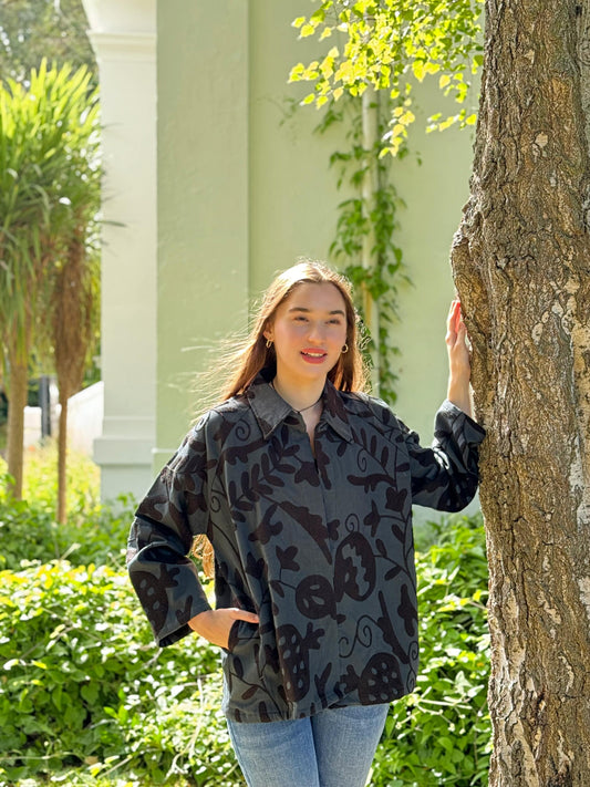 Suzani Hand Embroidered Short Jacket Black grey monochrome