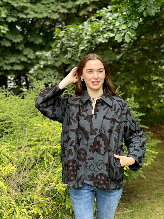 Suzani Hand Embroidered Short Jacket Black grey monochrome