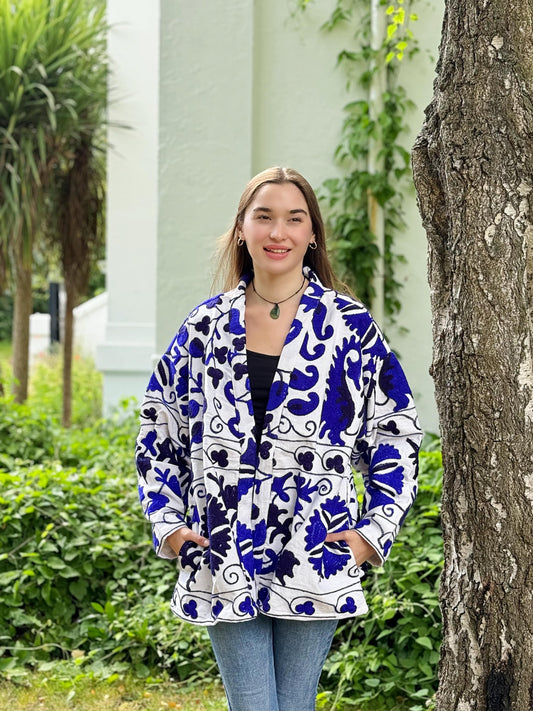 Suzani Hand Embroidered Short Jacket Classic Elegant White Voilet Blue