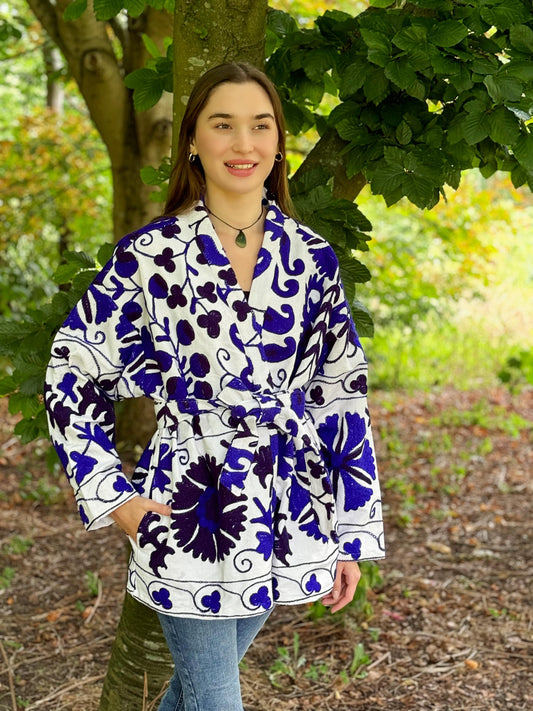 Suzani Hand Embroidered Short Jacket Classic Elegant White Voilet Blue