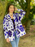 Suzani Hand Embroidered Short Jacket Classic Elegant White Voilet Blue