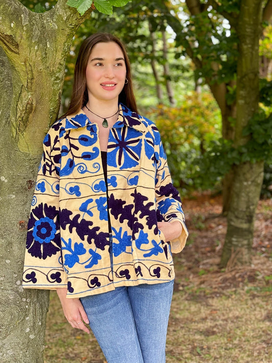 Suzani Hand Embroidered Short Jacket Classic Elegant Beige Blue