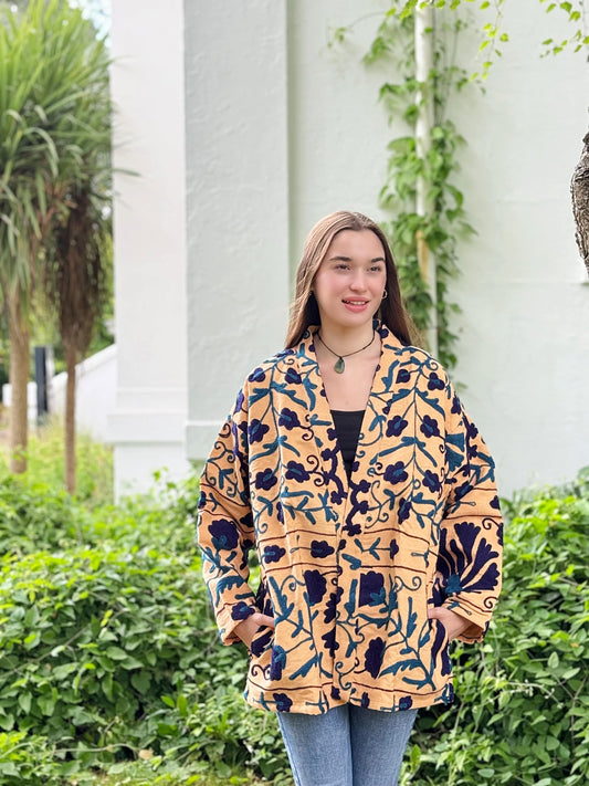 Suzani Hand Embroidered Short Jacket Valentine Special Gift | Classic Elegant Beige Teal Navy