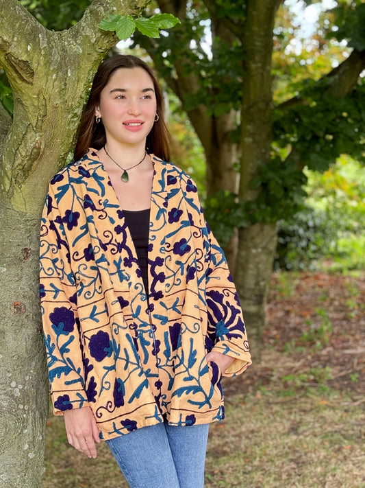 Suzani Hand Embroidered Short Jacket Valentine Special Gift | Classic Elegant Beige Teal Navy