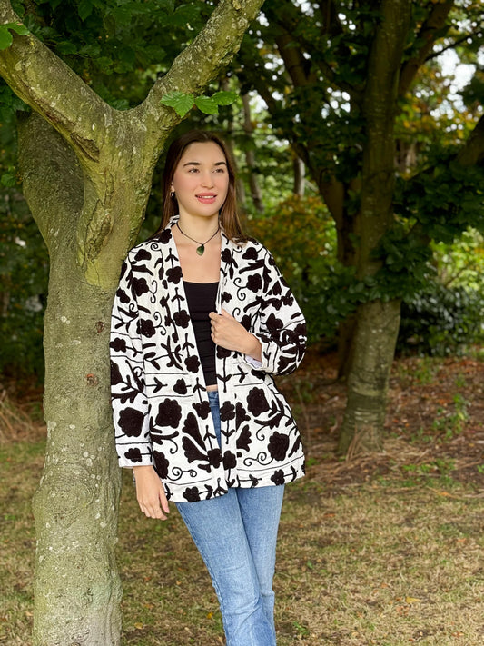 Suzani Hand Embroidered Short Jacket Classic Monochrome White Black: