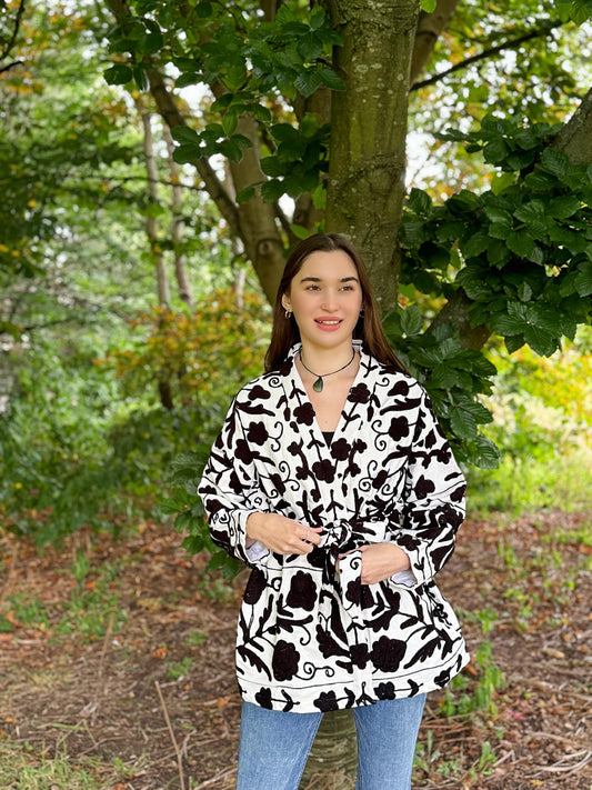 Suzani Hand Embroidered Short Jacket Classic Monochrome White Black: