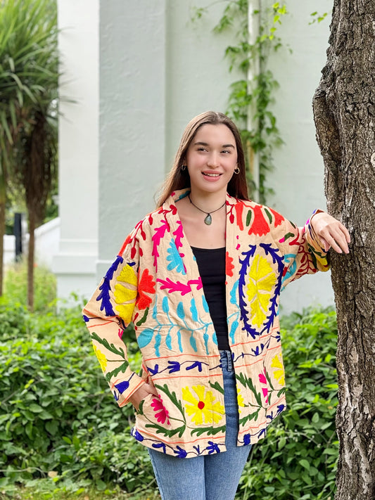 Suzani Hand Embroidered Short Jacket Beige Yellow Pink Blue Turquoise