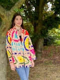 Suzani Hand Embroidered Short Jacket Beige Yellow Pink Blue Turquoise