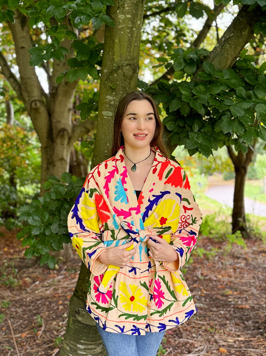 Suzani Hand Embroidered Short Jacket Beige Yellow Pink Blue Turquoise