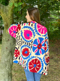 Suzani Hand Embroidered Short Jacket Classic Beige Pink Teal Turquoise