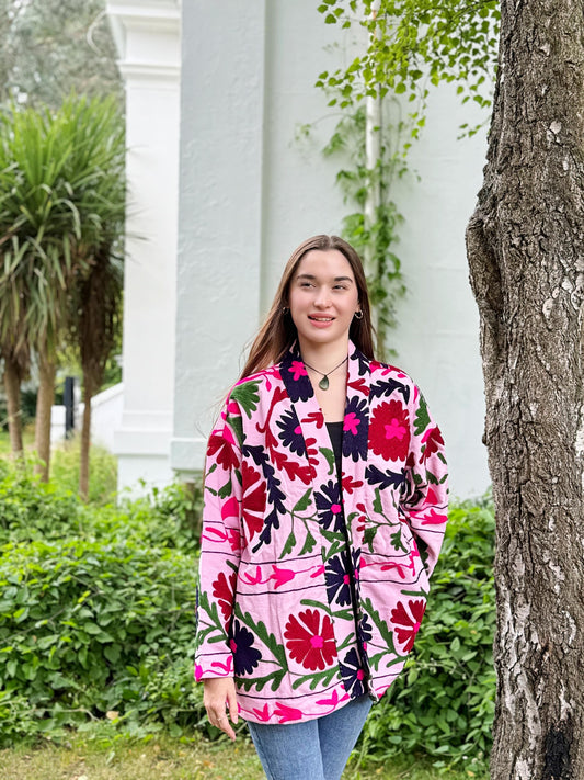 Suzani Hand Embroidered Short Jacket Rose Apricot Peach
