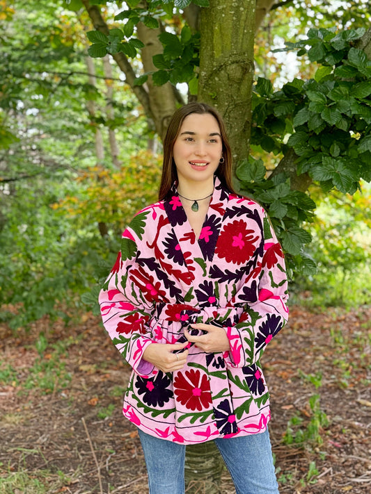 Suzani Hand Embroidered Short Jacket Rose Apricot Peach