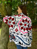 Suzani Hand Embroidered Short Jacket Classic Elegant Cream Plum Blue