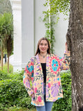 Suzani Hand Embroidered Short Jacket Classic Elegant Beige Pastel Rosy Lilac Aqua