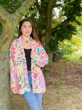 Suzani Hand Embroidered Short Jacket Classic Elegant Beige Pastel Rosy Lilac Aqua