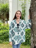 Suzani Hand Embroidered Short Jacket Classic White Teal Green Aqua Hue Geometric Mandala