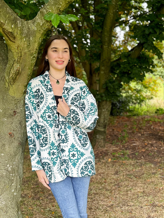 Suzani Hand Embroidered Short Jacket Classic White Teal Green Aqua Hue Geometric Mandala