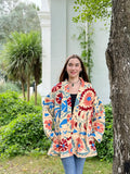 Suzani Hand Embroidered Short Jacket Classic Elegant Beige Pink Red Turquoise