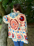 Suzani Hand Embroidered Short Jacket Classic Elegant Beige Pink Red Turquoise
