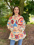 Suzani Hand Embroidered Short Jacket Classic Elegant Beige Pink Red Turquoise