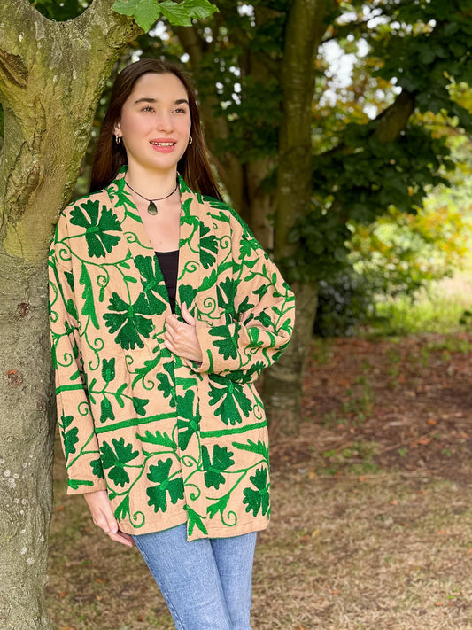 Suzani Hand Embroidered Short Jacket Classic Elegant Beige EmeraldGreen