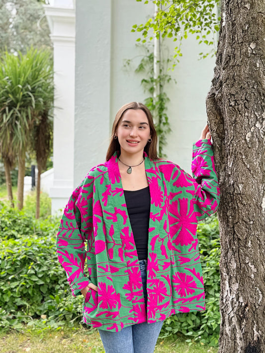 Suzani Hand Embroidered Short Jacket Classic Elegant Emerald Green Pink Paisley